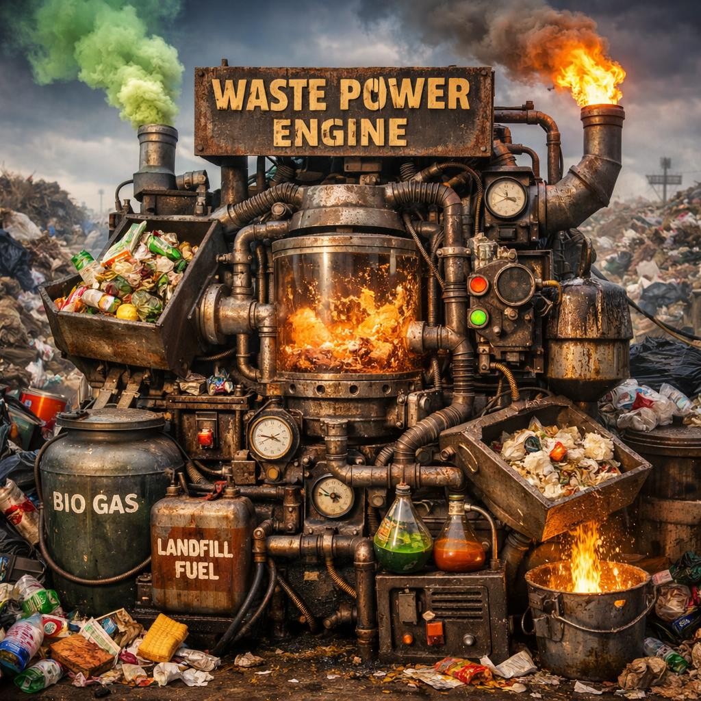 Industrial waste power engine burning trash to generate biogas and landfill fuel